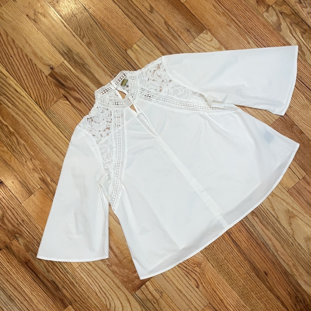 Worthington Chocker 3/4 Sleeve White lace cotton Mock Neck Shirt Petite M PM - Picture 3 of 17
